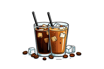 Iced coffee in glass with straw isolated on transparent background, refreshing summer drink concept