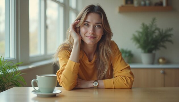 Young woman smiling while sitting at a table with a cup of tea   - Powered by Adobe