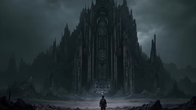 A human silhouette approaches a large, gloomy citadel. Horror sci-fi. Gray, eerie alien landscape.