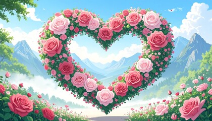Heart-shaped rose wreath in a scenic landscape