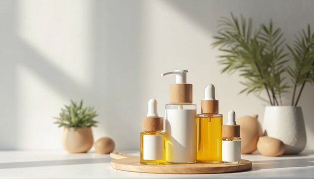 Skincare products arranged on wooden tray with green plants in background  