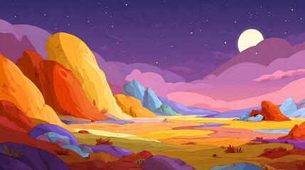 Colorful Artistic Landscape with Night Sky and Mountains in Vibrant Colors