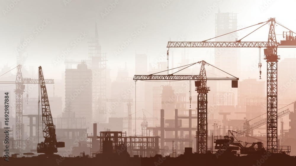 Poster cranes tower over a construction site in an urban area at dusk, signifying progress in infrastructur