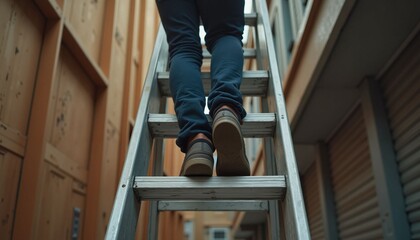 Person climbing a metal ladder in a narrow alleyway  