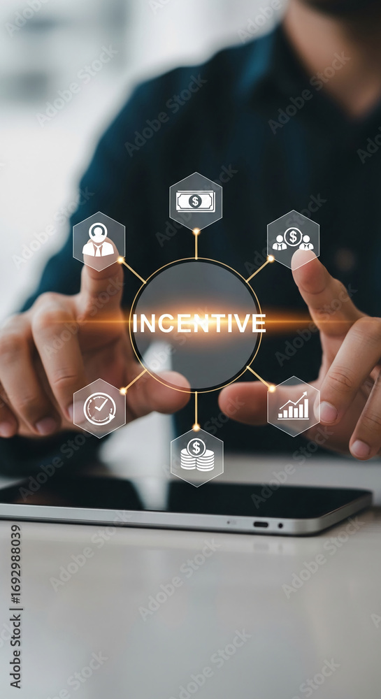 Poster hands interact with digital interface displaying word incentive surrounded by icons representing fin