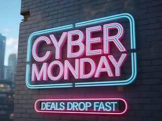 Cyber monday neon sign with text deals drop fast on a brick wall, representing online shopping and big discounts during the holiday season