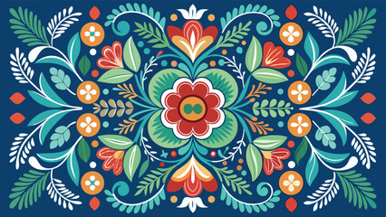 Fototapeta premium Symmetrical Folk Art Floral Pattern With Red Blue Green Orange And White Flowers And Leaves On Dark Blue Background