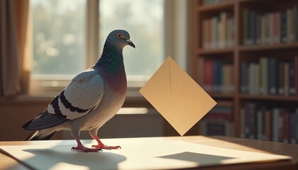 Pigeon standing on table in library with envelope floating nearby  