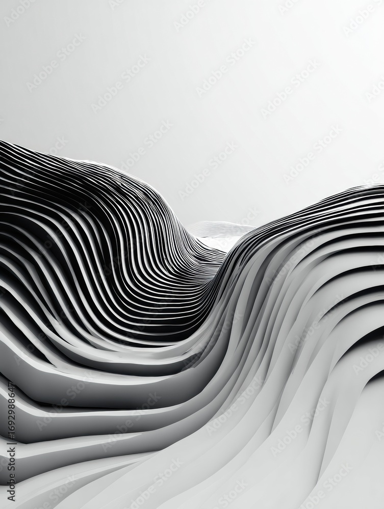 Poster sculptural forms create a dynamic interplay of light and shadows, showcasing flowing lines and gentl