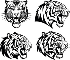 Fierce Tiger Head Vector Set in Black and White Style for Tattoo, Logo, Mascot, and Graphic Design Use
