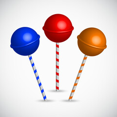 Candy lollipops on white background. 3D sugar pop stick or sucker vector illustration.