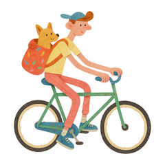 Fototapeta premium PNG Whimsical cyclist with backpacked dog