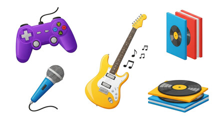 3d icons of gaming controller guitar microphone records and books