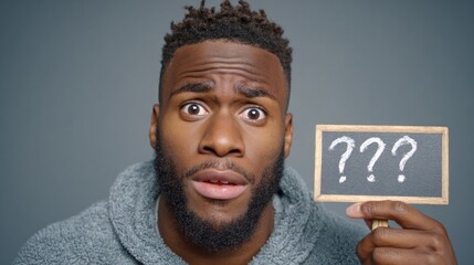 A man with a perplexed expression holds a small chalkboard displaying three question marks, highlighting a sense of uncertainty and curiosity.