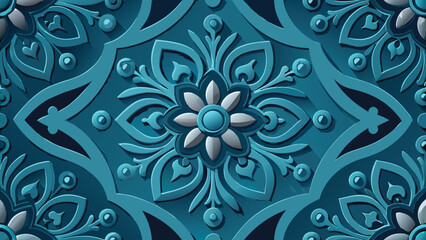 Teal and White Embossed Floral Pattern with Deep Shadows vector illustration