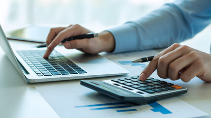 Working on Budget: Capturing the focused intensity of a financial professional meticulously calculating and analyzing financial data, working with calculator and computer in an office setup.