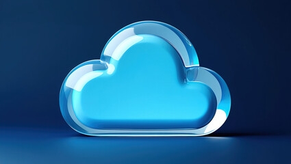 3D cloud sync icon in glass style with reflective edges.