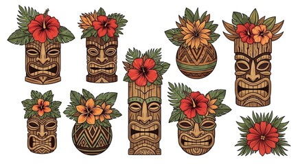 Collection of colorful tropical tiki statues adorned with vibrant hibiscus flowers and lush green leaves for a luau or island theme