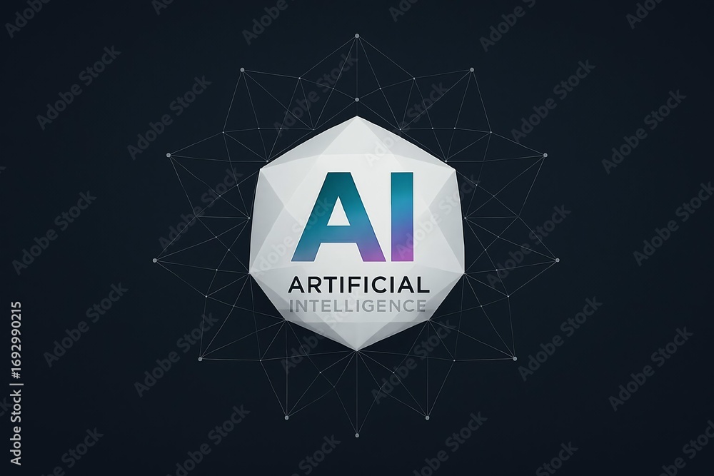 Poster futuristic hexagonal emblem with ai and artificial intelligence text symbolizing advanced technology