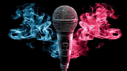 Microphone with Blue and Pink Smoke Abstract Art on Black Background for Music and Entertainment