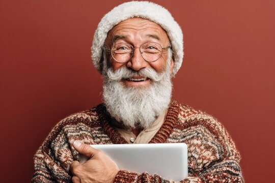 Joyful senior man in a patterned sweater and Santa hat holds a tablet, showcasing a warm and welcoming expression against a rich maroon backdrop.