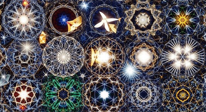 Intricate and vibrant kaleidoscopic patterns of glowing lights and abstract geometric shapes creating a dazzling and mesmerizing visual symphony