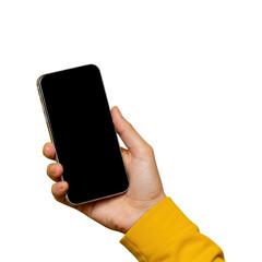 Hand holding a modern smartphone with a black screen isolated on transparent background