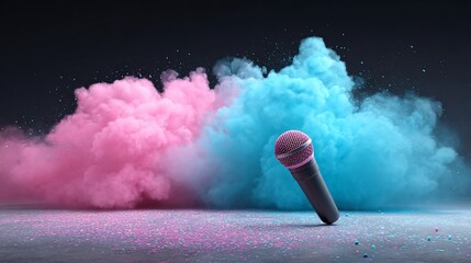 Microphone with Colorful Powder Explosion in Dark Background for Music and Entertainment Promotions