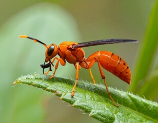 Naklejka premium Orange wasp on leaf