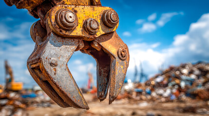 Close-up of rusty excavator claw at a construction site with debris in the background