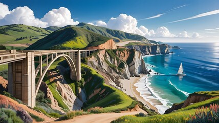 Scenic Coastal Highway Bridge with Sailboat and Rugged Cliffs A Californian Landscape Painting with Lush Green Hills and Turquoise Waters Captivating Natural Beauty
