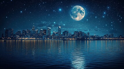Stunning cityscape under a luminous full moon and starry night sky reflected on calm waters