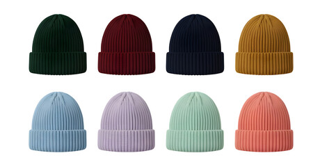 Collection of eight colorful knitted beanies isolated on transparent background.