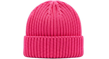 Bright pink ribbed knit beanie hat isolated on transparent background.