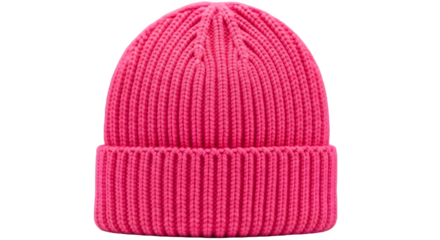 Bright pink ribbed knit beanie hat isolated on transparent background.
