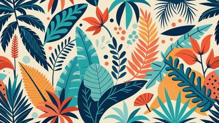 Tropical Leaves and Foliage Pattern with Abstract Shapes on Cream Background vector illustration