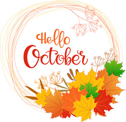 Hello october, lettering message design for cards, banners, posters.