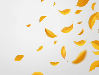 Yellow leaves gracefully falling against a soft white background, creating a serene autumn atmosphere, perfect for seasonal themes and nature-inspired designs