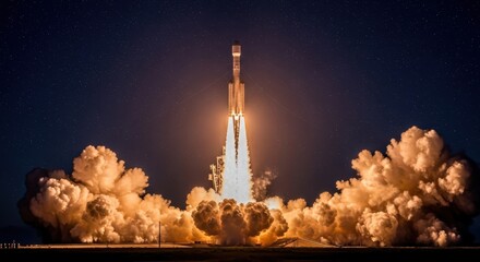 Rocket Launch at Night with Fiery Exhaust and Starry Sky