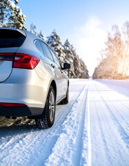 Naklejka premium Snowy road, car in winter