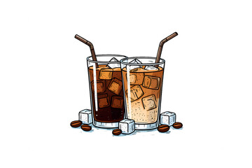 Two glasses of iced coffee with ice cubes and coffee beans isolated on transparent background illustration
