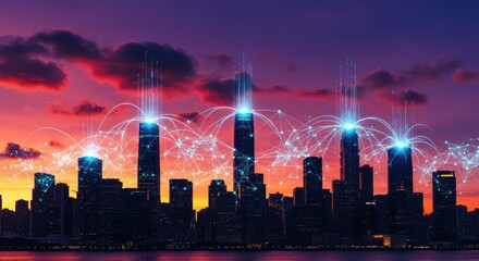 Smart City Skyline at Sunset: Futuristic Technology and Digital Network