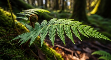 Close up of a vibrant green fern frond in a sunlit forest.