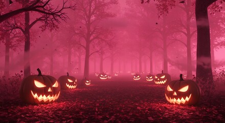 Halloween forest path with jack o lanterns