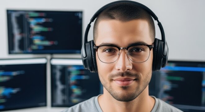 Software Developer Working on Code with Headphones - Powered by Adobe