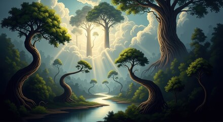 Fantasy Forest Landscape with River and Sunlight