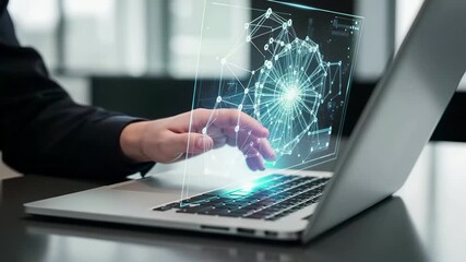 Professional interacting with holographic network interface projection from laptop computer. Futuristic digital technology visualization, artificial intelligence connectivity, virtual reality business - Powered by Adobe