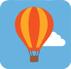 Obraz premium Illustration Art Vector of Orange Hot Air Balloon with Yellow Stripes and a Cloud on Blue Background