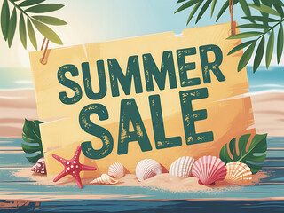 Summer sale announcement with beach and tropical elements