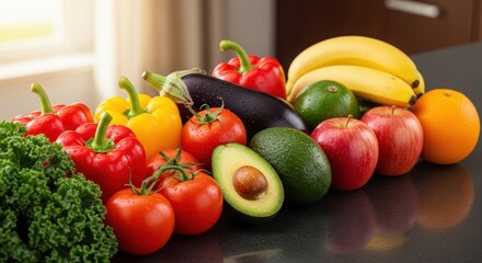 Fresh Fruits and Vegetables Assortment on Dark Surface